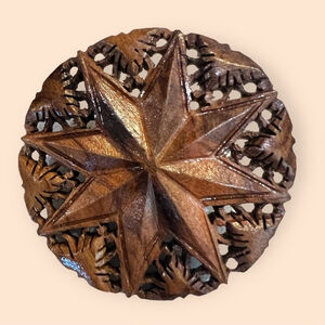 Vintage Carved Olive Wood Brooch Large Star Pin Intricate and in mint condition!